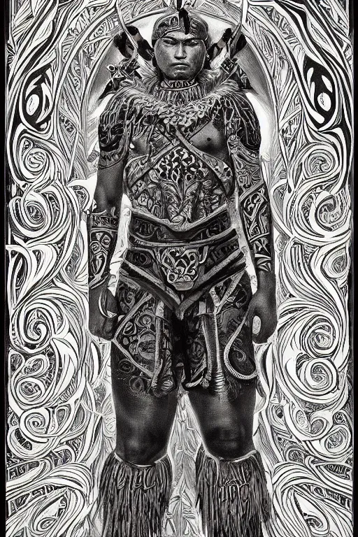 Prompt: a beautiful painting of full - body maori warrior, wisdom, good and evil, white ink + magical + symmetrical + detailed intricate + heraldic design + atmosphere high details, in the style of jean delville, artstation, 8 k, 4 k, cinematic