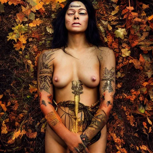 Image similar to A perfect female goddess stands for a waist up portrait with her body sightly wrapped in thin gold wire creatively arranged so as to look like tattoos, in a forrest of fall colors, hyper photo realistic 8K HD HDRI, photo by Annie Leibovitz.