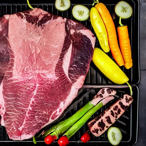 Prompt: an entire cow in the fridge ready to be grilled on a bbq