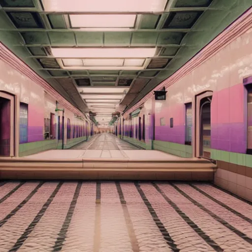 Prompt: pastel colors, hd 8 k, abandoned, overgrown, vaporwave, subway station, at the grand budapest hotel