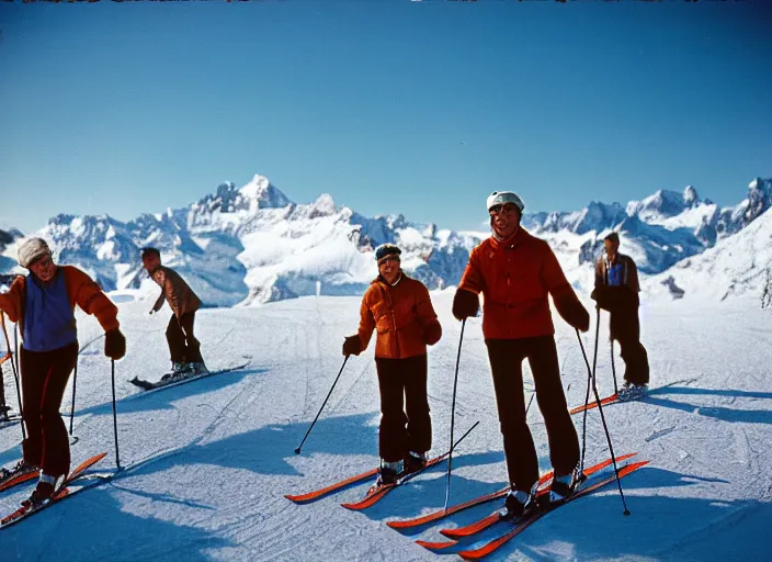 Image similar to a 3 5 mm kodachrome photo of people skiing in the swiss alps in the 1 9 5 0's, bokeh, canon 5 0 mm, cinematic lighting, film, photography, golden hour, depth of field, award - winning