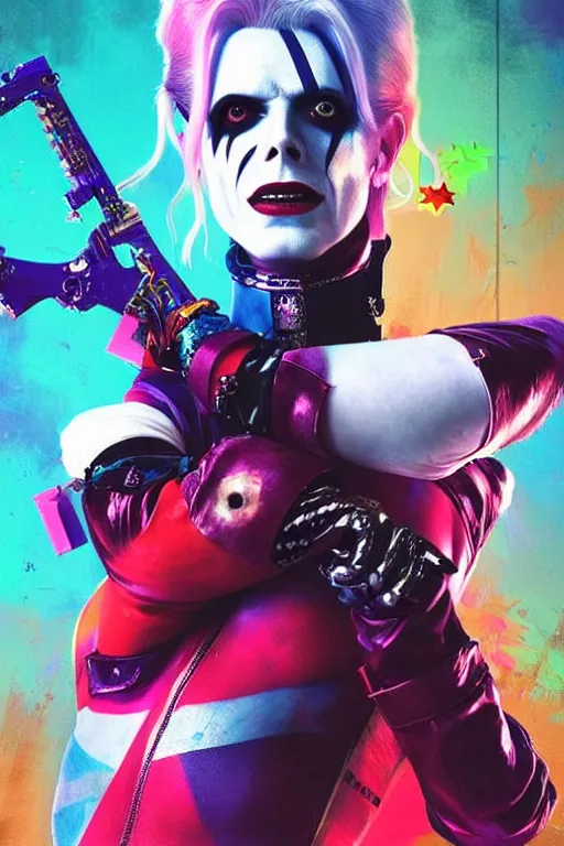 Image similar to portrait of david bowie as a harley quinn in suicide squad. intricate abstract. intricate artwork. by tooth wu, wlop, beeple, dan mumford. octane render, trending on artstation, greg rutkowski very coherent symmetrical artwork. cinematic, hyper realism, high detail, octane render, 8 k, iridescent accents