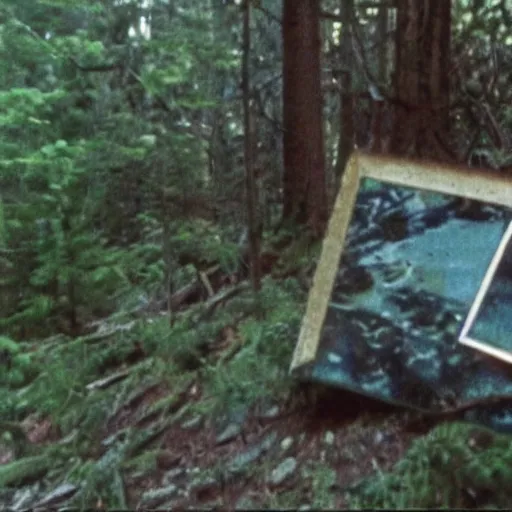 Prompt: A screen capture of found footage video left behind by a missing hiker in 1986.