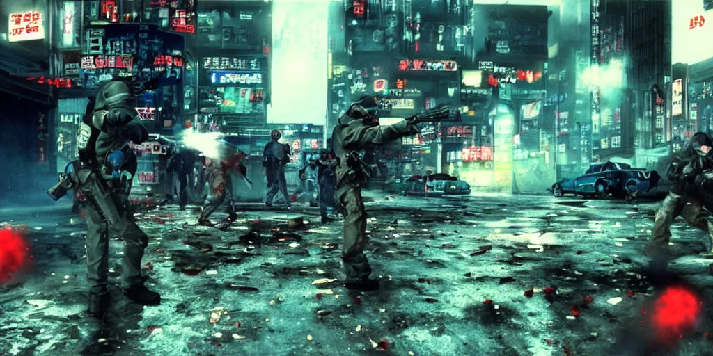 Image similar to 1991 Video Game Screenshot, Anime Neo-tokyo Cyborg bank robbers vs police, bags of money, Multiplayer set-piece, Police officers hit by bullets, Bullet Holes and Blood Splatter, Hostages, Smoke Grenades, Large Caliber Sniper Fire, Chaos, Cyberpunk, Money, Anime Bullet VFX, Machine Gun Fire, Violent Gun Action, Shootout, Highly Detailed, 8k :4 by Katsuhiro Otomo + Studio Gainax : 8