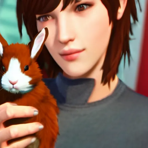 Prompt: max caulfield from the video game Life Is strange holding a rabbit