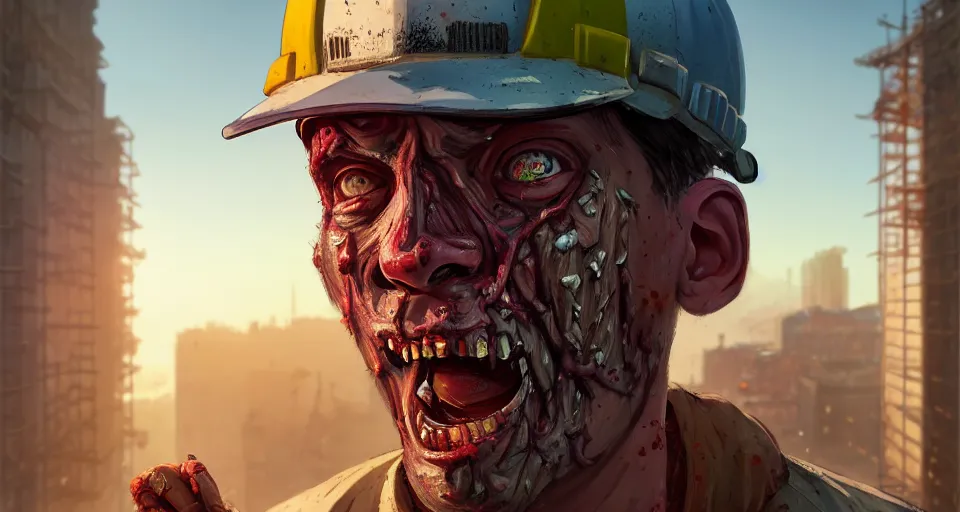 Image similar to highly detailed portrait construction worker zombie in gta v, building construction site, stephen bliss, unreal engine, fantasy art by greg rutkowski, loish, rhads, ferdinand knab, makoto shinkai and lois van baarle, ilya kuvshinov, rossdraws, tom bagshaw, global illumination, radiant light, detailed and intricate environment