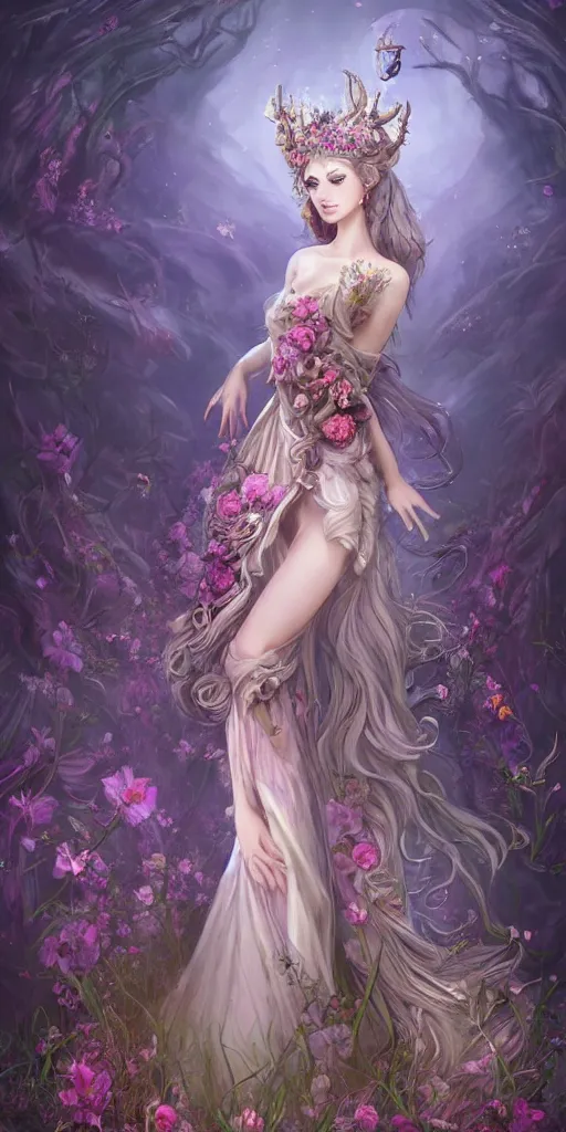 Prompt: A beautiful fantasy empress, full body, just one head, flower tiara, long hair, wearing dramatic aristocrat robe, delicate figure, field of fantasy flowers, many foxes and deer, fractal crystal, epic composition, ultra wide-shot, dynamic pose, concept art, dramatic lighting, digital painting, smooth, character design, sharp focus, elegant, intricate, trending on artstation, by WLOP and James Jean and Victo Ngai