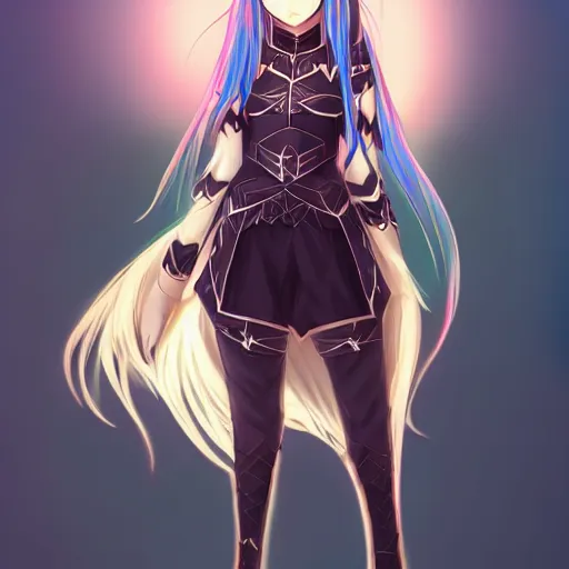 Image similar to adorable young cute anime elf girl, long black hair, detailed fantasy armor, smooth face. beautiful spark eyes. beautiful lineart. concept art adoptable, chromatic aberration, noise, soft lighting, srgb, 4 k, cinematic