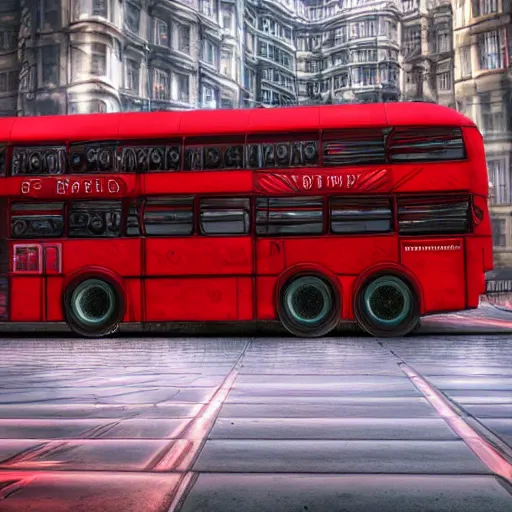 Image similar to mythical red organic biomechanical london bus. futuristic. blue blurry background. highly detailed, intricate steampunk ornate, poetic, 3 d render, digital art, octane render, 8 k artistic photography, photorealistic.