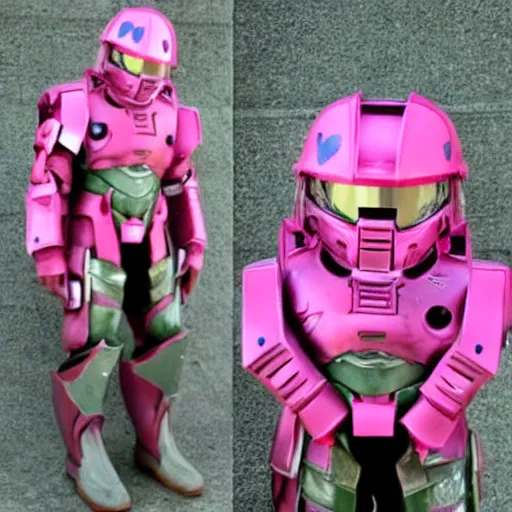 Prompt: cute master chief in pink armor with hearts on it