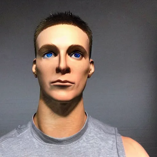 Image similar to “a realistic detailed photo of a guy who is an attractive humanoid who is half robot and half humanoid, who is a male android, Coach Shawn Flaherty, shiny skin, posing like a statue, blank stare, different eye colors, on display, sparks coming out from his body”