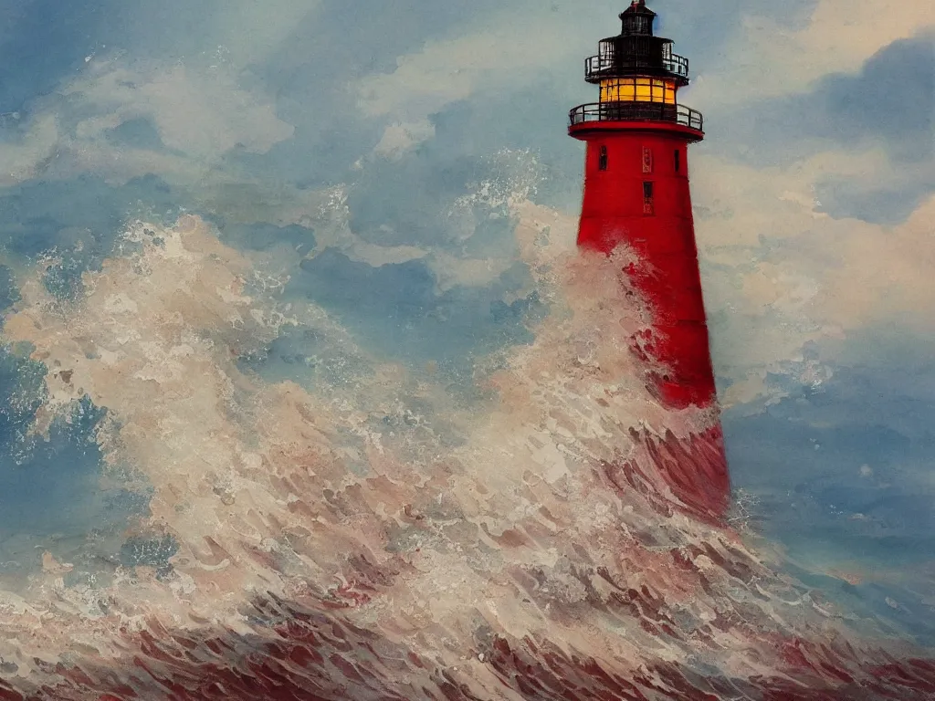 Image similar to a beautiful painting of waves crashing into red lighthouses, isometric, warwick goble, trending on artstation