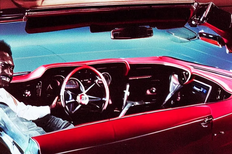 Prompt: Color photograph of Chuck Berry behind the wheel of a red convertible 1968 Converible Eldorado with a white interior on the Las Vegas Strip at night, award winning photograph by Annie Liebowitz and Herman Leonard