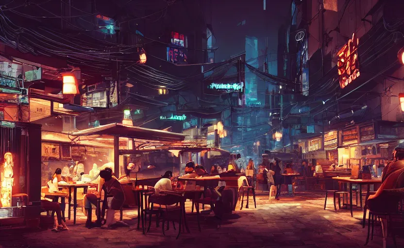 Prompt: a cozy relaxed cafe, looking out at the bustling underbelly of a thriving cyberpunk city at night, trending on cgsociety, unreal engine, 4 k wallpaper