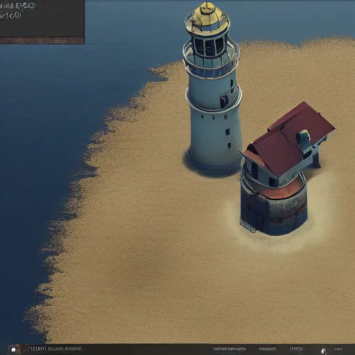 Image similar to screenshot of a lighthouse in a coastal landscape in the game Disco Elysium