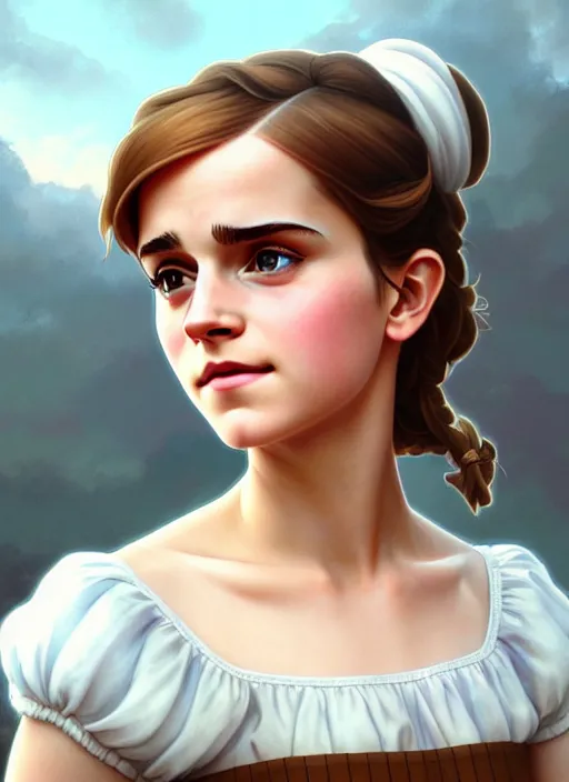 Prompt: cute milkmaid emma watson, natural lighting, path traced, highly detailed, high quality, digital painting, by don bluth and ross tran and studio ghibli and alphonse mucha, artgerm