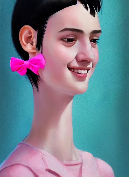 Image similar to portrait of high school girl, realistic, black hair, bangs, half updo hairstyle, pointy nose, skinny, smile, ugly, defined jawline, big chin, pink hair bow, earrings, intricate, elegant, glowing lights, highly detailed, digital painting, artstation, sharp focus, illustration, art by wlop, mars ravelo and greg rutkowski