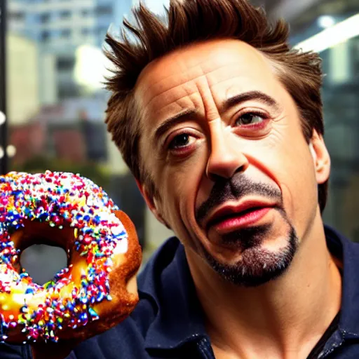 Image similar to Robert Downy Jr. eating a donut, 4k