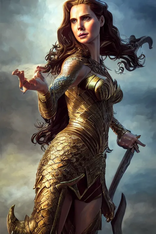 Image similar to A fantasy comic book style portrait painting of, hybrid of Gal Gadot, Amy Adams, as an Atlantean, Reptilian Warrior, Mystical Valkyrie, Armor, Sword, Archer Bow, Spear, Sheild, François Boucher, Oil Painting, unreal 5, DAZ, hyperrealistic, octane render, Regal, Refined, Coherent, Detailed Digital Art, RPG portrait, William-Adolphe Bouguereau, Michael Cheval, Walt Disney (1937), Steampunk, dynamic lighting, Highly Detailed, Cinematic Lighting, Unreal Engine, 8k, HD