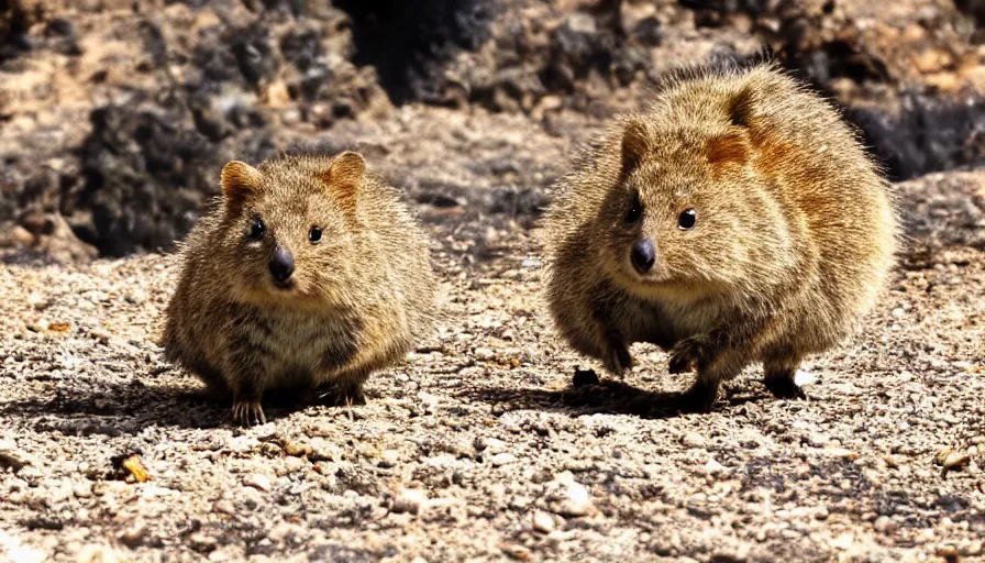 Prompt: Happy quokka running from a large explosion,