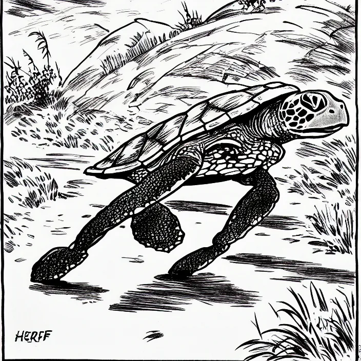 Image similar to a still frame from comic strip of a turtle running away 1 9 5 0, herluf bidstrup, new yorker illustration, monochrome contrast bw, lineart, manga, simplified