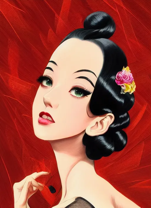 Image similar to a beautiful dancer with black hair in 1940's fashion, ballroom background, intricate, highly detailed, digital painting, artstation, official media, anime key visual, concept art, rich vivid colors, ambient lighting, sharp focus, illustration, art by Artgerm, Makoto Shinkai, Ilya Kuvshinov, Lois Van Baarle, and Rossdraws