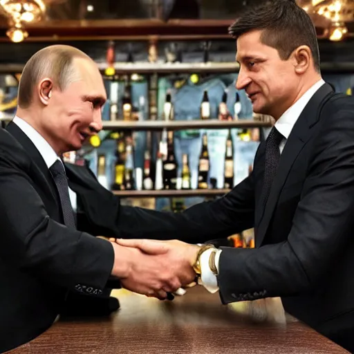 Prompt: vladimir putin and volodymyr zelensky arm wrestle in a bar, photorealistic, highly detailed, detailed faces