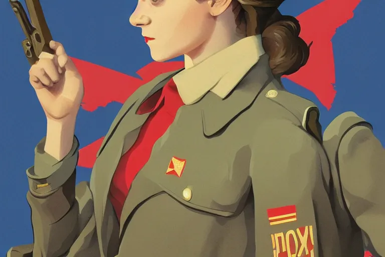 Prompt: communist Propaganda poster Emma Watson saluth in WW2 uniform by moebius and atey ghailan by james gurney by vermeer by George Stubbs full body full body full body full body trending on artstation vector art vector art vector art vector art inspirational