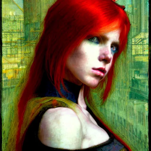 Prompt: redhead female cyberpunk punk in the style of john william waterhouse, kilian eng, rosetti, john everett millais, william holman hunt, 4 k photo autochrome