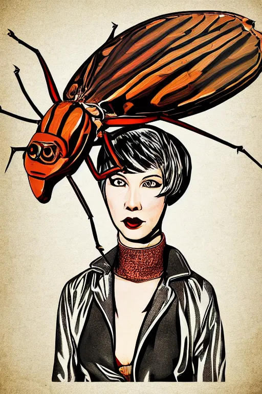 Prompt: cockroach lady, reduce duplication, justify, hyperrealistic anatomy posse, violet polsangi pop art, gta chinatown pop art style, bioshock pop art style, incrinate, white frame, visual design communication, balance proportion content