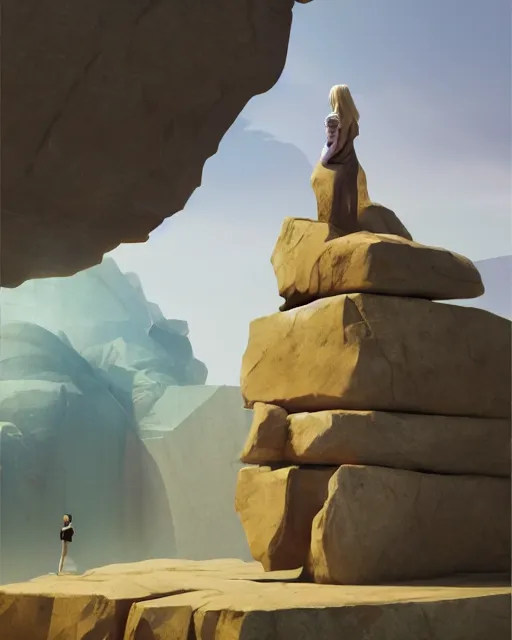 Image similar to a painting of a real woman standing in front of a huge stone statue, a screenshot by stanley twardowicz, cgsociety, aestheticism, aesthetic, vaporwave, anime aesthetic