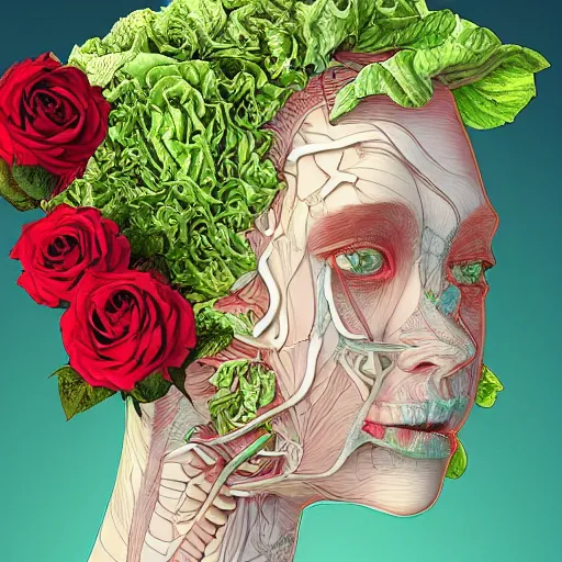 Image similar to the anatomy of a head of lettuce with roses that resemble a beautiful woman, an ultrafine detailed painting by james jean, intricate linework, bright colors, final fantasy, behance contest winner, vanitas, angular, altermodern, unreal engine 5 highly rendered, global illumination, radiant light, detailed and intricate environment