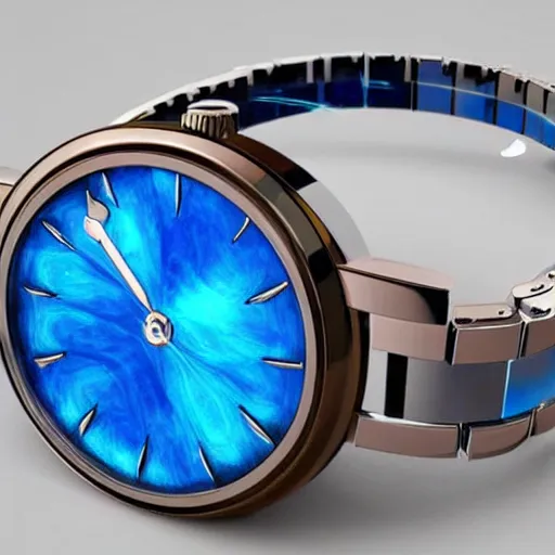 Image similar to a luxury wristwatch made out of blue ice, attached to a molten metal rod, unreal engine