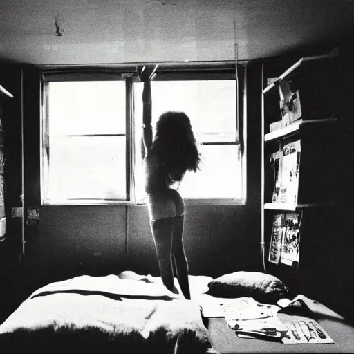 Prompt: 1 9 8 0 s college dorm room covered with posters from movies, pinups, bands, album covers, concert posters from the 1 9 8 0 s, light streaming in window, young woman laughing on bed.