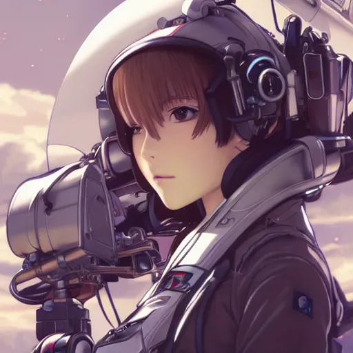 Image similar to pilot girl, cyborg aircraft parts, anime style, vintage pilot clothing, shoulder eyes, last exile anime, hair down, symmetrical facial features, from arknights, hyper realistic, 4 k, rule of thirds, extreme detail, detailed drawing, trending artstation, realistic lighting, by alphonse mucha, greg rutkowski, short neck