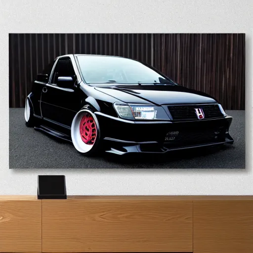 Image similar to incredible japanese wood print of a of a honda civic, black, mk 1 0 license plate, stealth, night mode, spoiler, lights, custom exhaust, wing mirrors, carbon fibre, valance splitter, sports, wheel spacers, japanese, power, sleek, electric, petrol, high detail, 8 k resolution