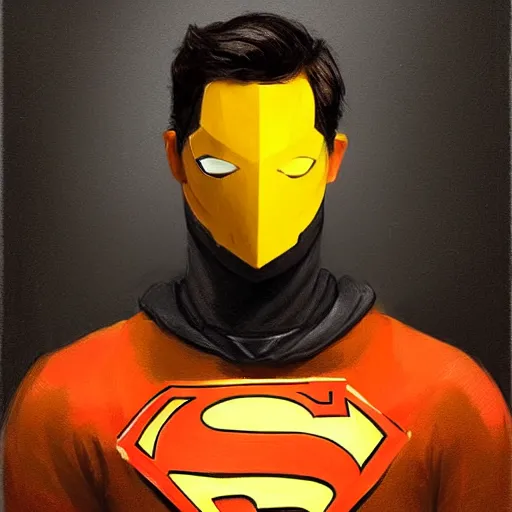 Prompt: portrait of a superhero by greg rutkowski, he looks like miles teller, he is wearing a black, orange and yellow kevlar gear with a mask, highly detailed portrait, digital painting, artstation, concept art, smooth, sharp foccus ilustration, artstation hq