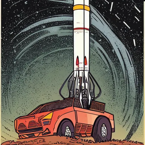 Image similar to an illustration of a rocket on its launchpad, by laurie greasley and james stokoe