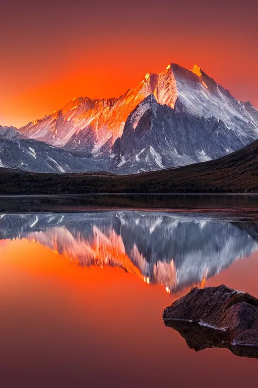 Prompt: mountain by marc adamus, sunset, lake, reflection