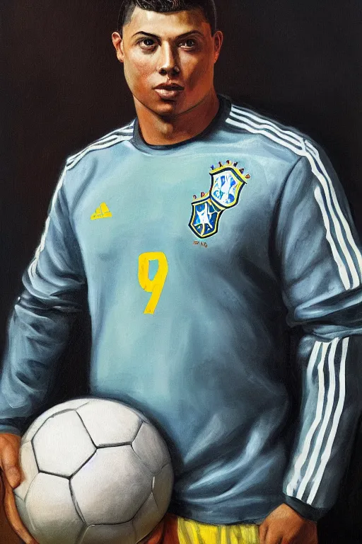 Prompt: portrait of ronaldo nazario holding a soccer ball, wearing the brazil soccer shirt, painting by rembrandt, high quality, very beautiful, detailed, 4 k