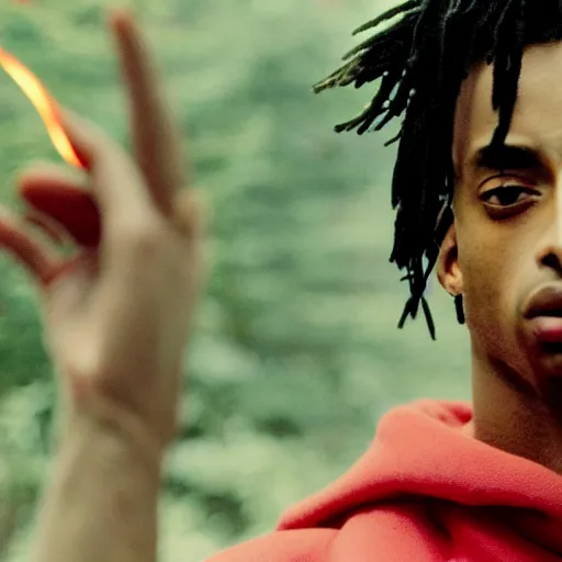 Image similar to cinematic film still of Playboi Carti starring as a Japanese Sensei with fire, Japanese CGI, VFX, 2003, 40mm lens, shallow depth of field, film photography