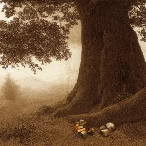 Prompt: highly detailed portrait of winnie the pooh ((winnie the pooh)) near a giant fallen sequoia tree. Fog. Painting by Caspar David Friedrich,Caravaggio, 4k, sepia tone