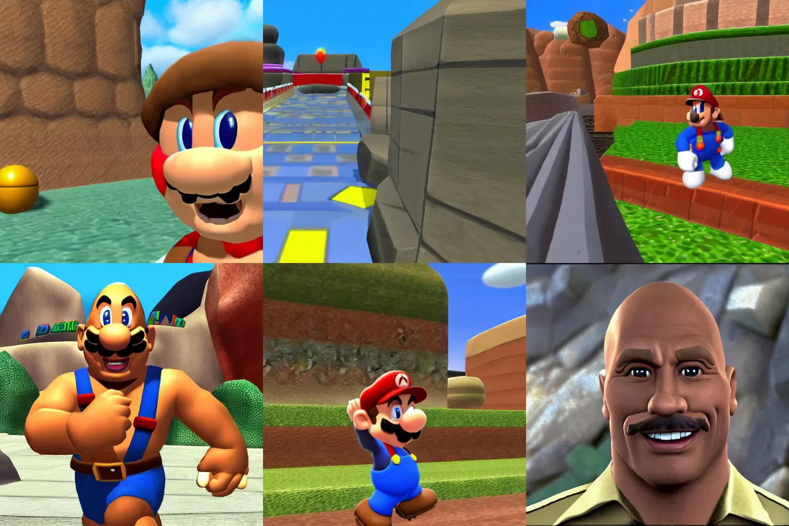 Prompt: Dwayne Johnson in Mario 64, gameplay