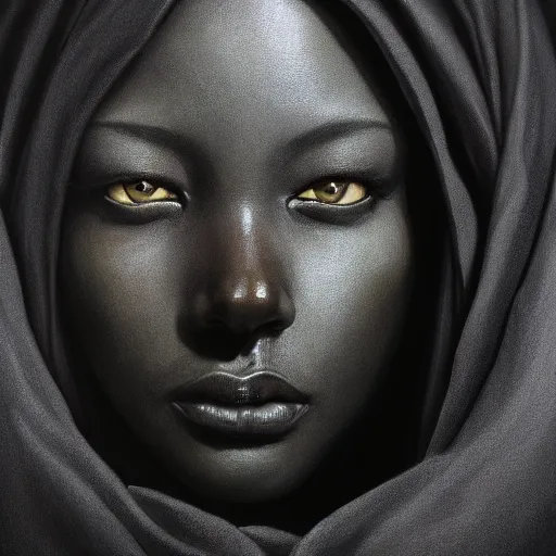 Image similar to a portrait of a young black woman wearing a long dark cloak, hood and shadows covering face, anatomically correct, beautiful perfect face, enigmatic, oil painting, matte painting, black background, Volumetric dynamic lighting, Highly Detailed, Cinematic Lighting, Unreal Engine, 8k, HD, by Beksinski