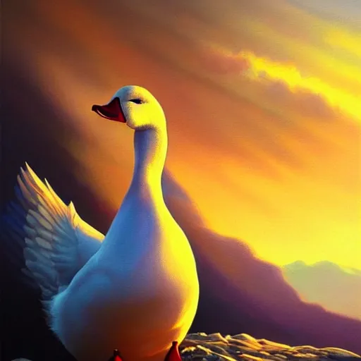 Prompt: extremely beautiful painting of a white duck in a sunset on a mountain, dynamic composition, dramatic lighting, stylized portrait, painting by artgerm, dungeons and dragons, visible brush strokes, trending golden color scheme