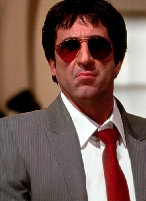 Image similar to film still of Michael Scott as Tony Montana in Scarface.