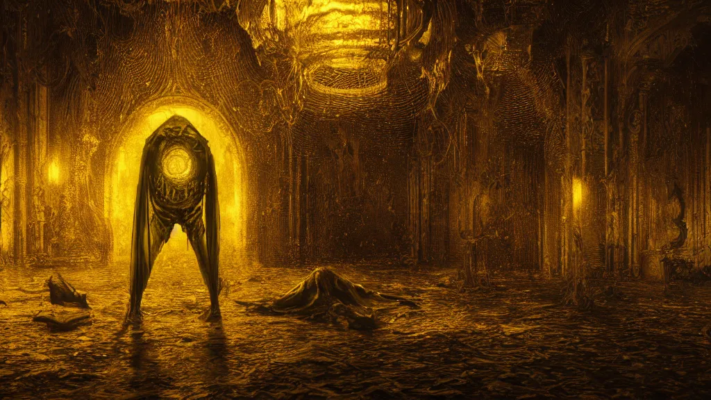 Prompt: King in yellow, horror, eldritch, 8K, concept art, DSLR, filmic, HDR, hyperrealism, Unreal Engine, volumetric lighting, Darkart