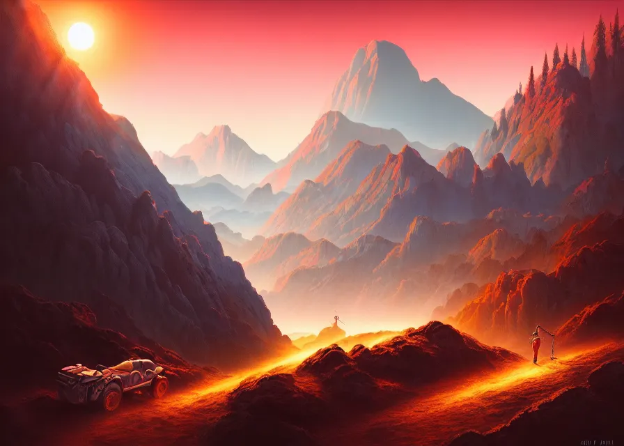 Image similar to quest for glory, a digital rendering of scenes from the sierra video game by michael flohr, inspired by tom bagshaw, instagram contest winner, futurism, matte painting, outrun, terragen