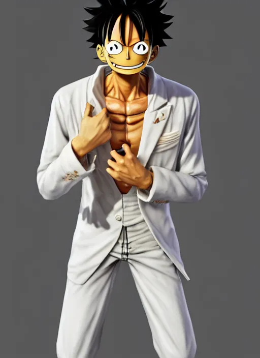 Image similar to Luffy wearing a white suit, au naturel, hyper detailed, digital art, trending in artstation, cinematic lighting, studio quality, smooth render, unreal engine 5 rendered, octane rendered, art style by klimt and nixeu and ian sprigger and wlop and krenz cushart