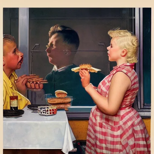 Prompt: painting of a boy with blonde hair watching an obese woman pray before she eats her hamburger, set in a diner, 1950’s, highly detailed, by Norman Rockwell,